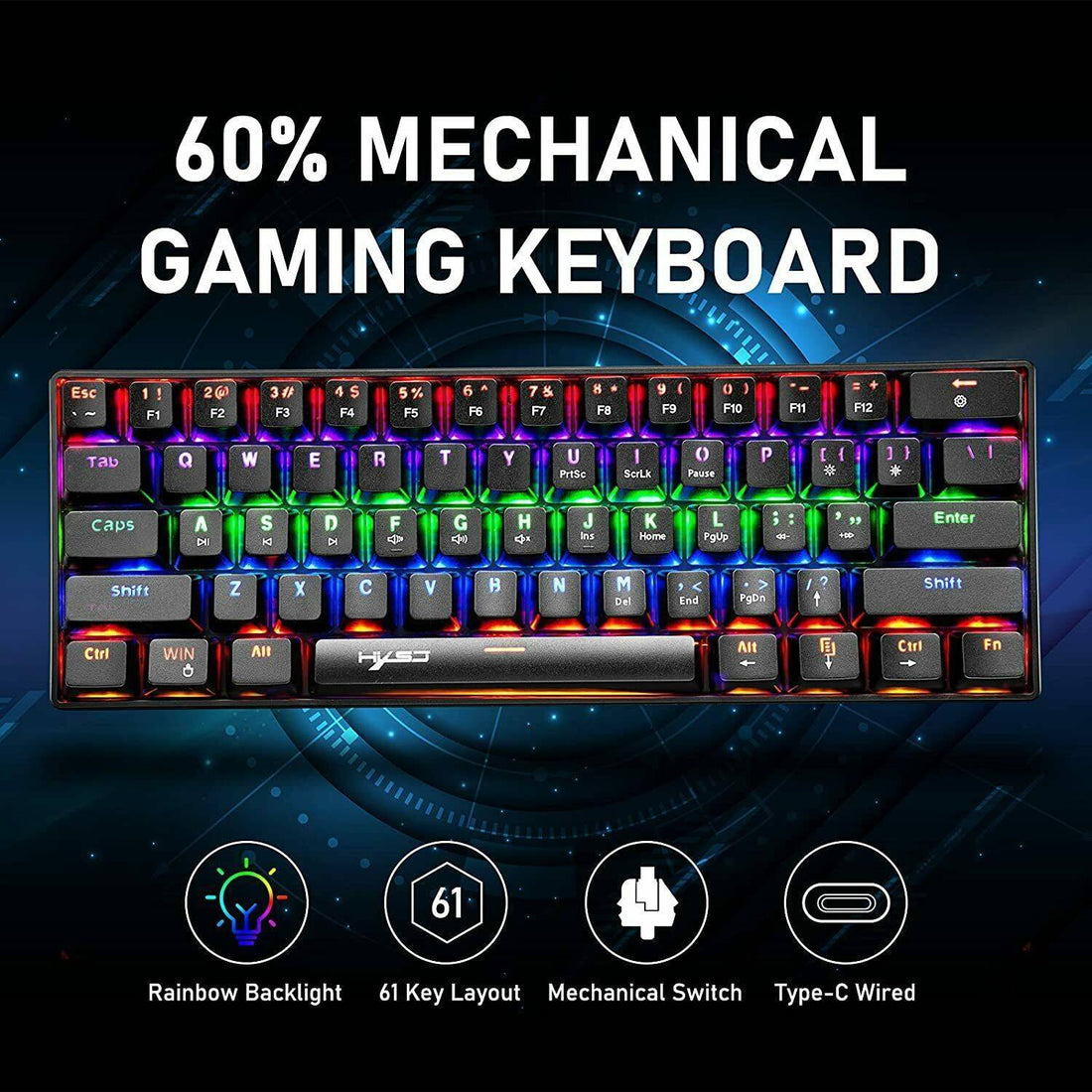 Mechanical Gaming Keyboard TypeC Wired RGB Backlit 61 Keys For PC PS4